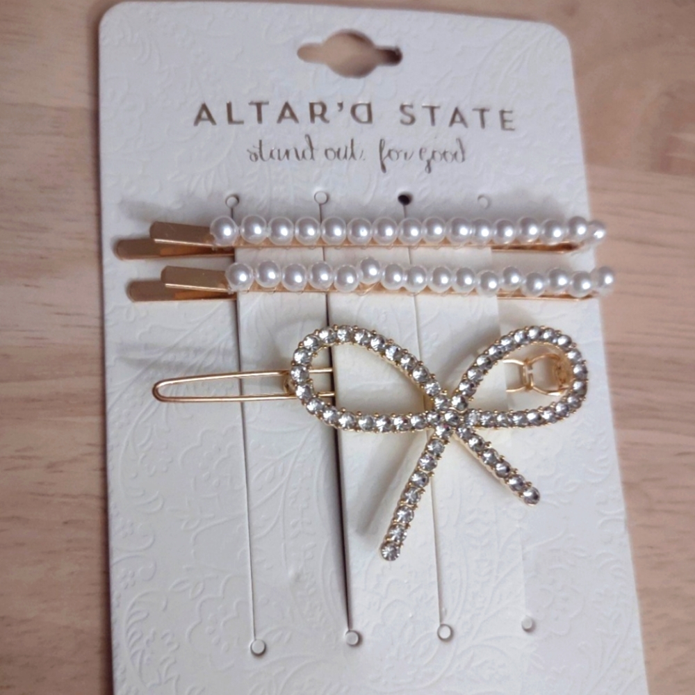 Altar'D State Ribbon Bow Pearl Gold Hair Clip Accessory Y2K Kawaii Bling